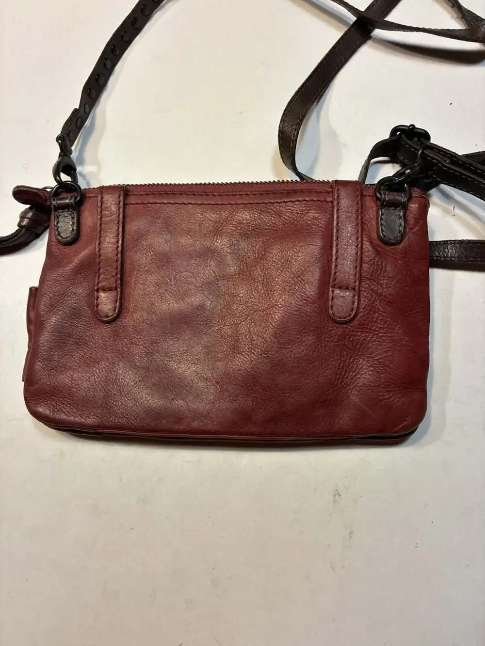 Aunts & Uncles Maroon Leather Small Crossbody Bag with Studded Strap